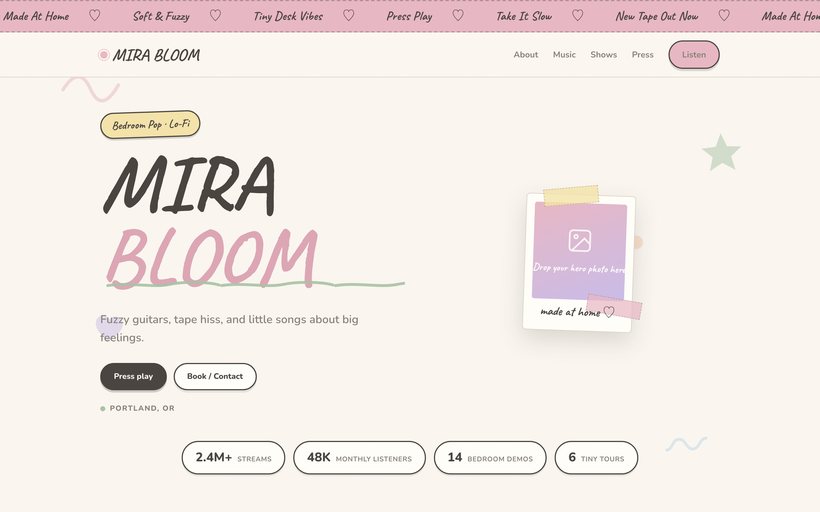 The Bedroom EPK template by EPKITNOW for Lo-Fi & Bedroom Pop artists